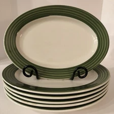 Tuxton Oval Plates 14" Ivory Wide Green Striped Rim Set of 6 Plate No 12 New