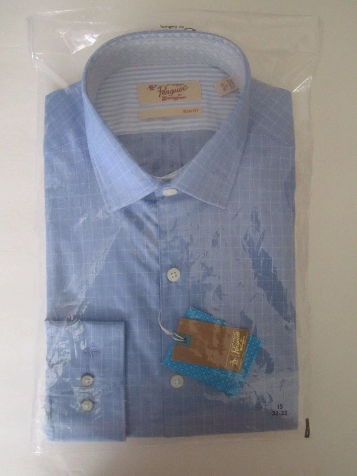 $75 NUEVO PINGÜINO MUNSINGWEAR Azul AZUL CUADROS HOMBRES CAMISA DE VESTIR LS corte ajustado Foto 3 de 4