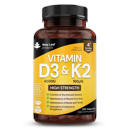 Vitamin D3 4000iu & K2 100mcg - High Strength Immunity Bone Support 120 Tablets