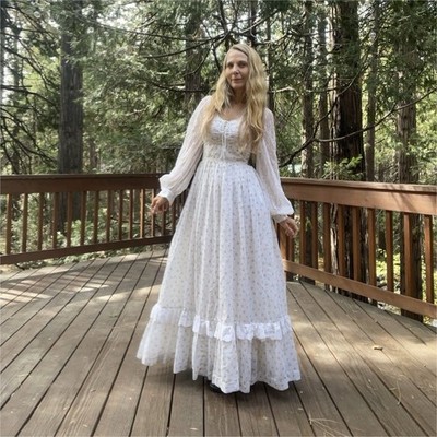 Gunne Sax Jessica McClintock White Floral Print Maxi Dress Long Sleeve Ruffle