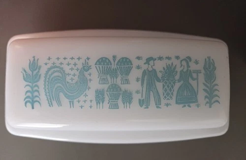 Vintage Pyrex Amish Butterprint Turquoise Butter Dish White Milk Glass
