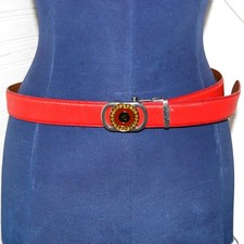 Vintage Belt Size 36 Italian Red Faux Leather Ratchet Buckle Caros 80s Retro