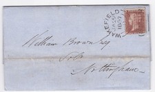 1857 QV 1d PENNY RED STAMP ON LETTER WAKEFIELD SIDEWAYS DUPLEX TO NOTTINGHAM