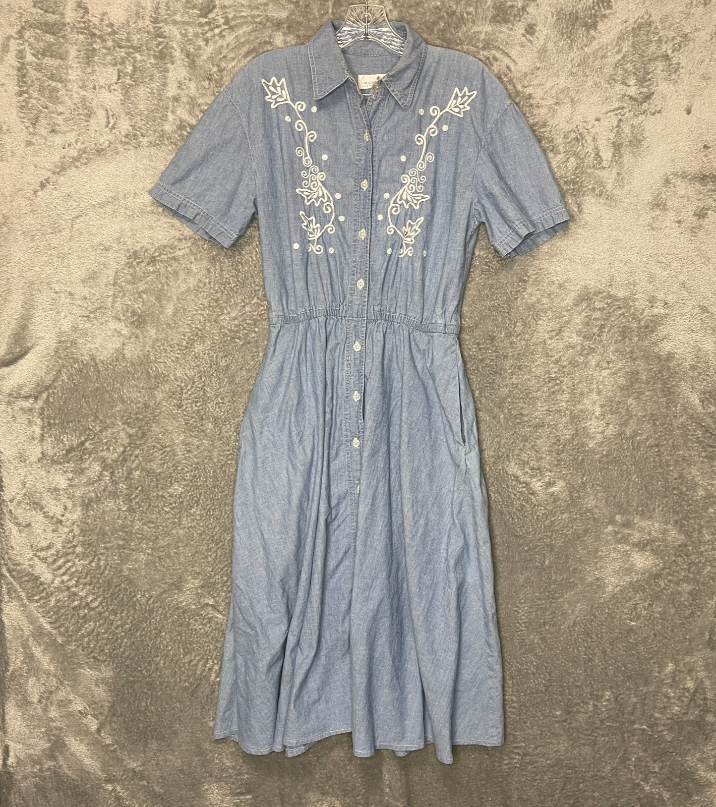 Vtg Liz Claiborne Women Embroidered Collared Chambray Denim Shirt Midi Dress 6