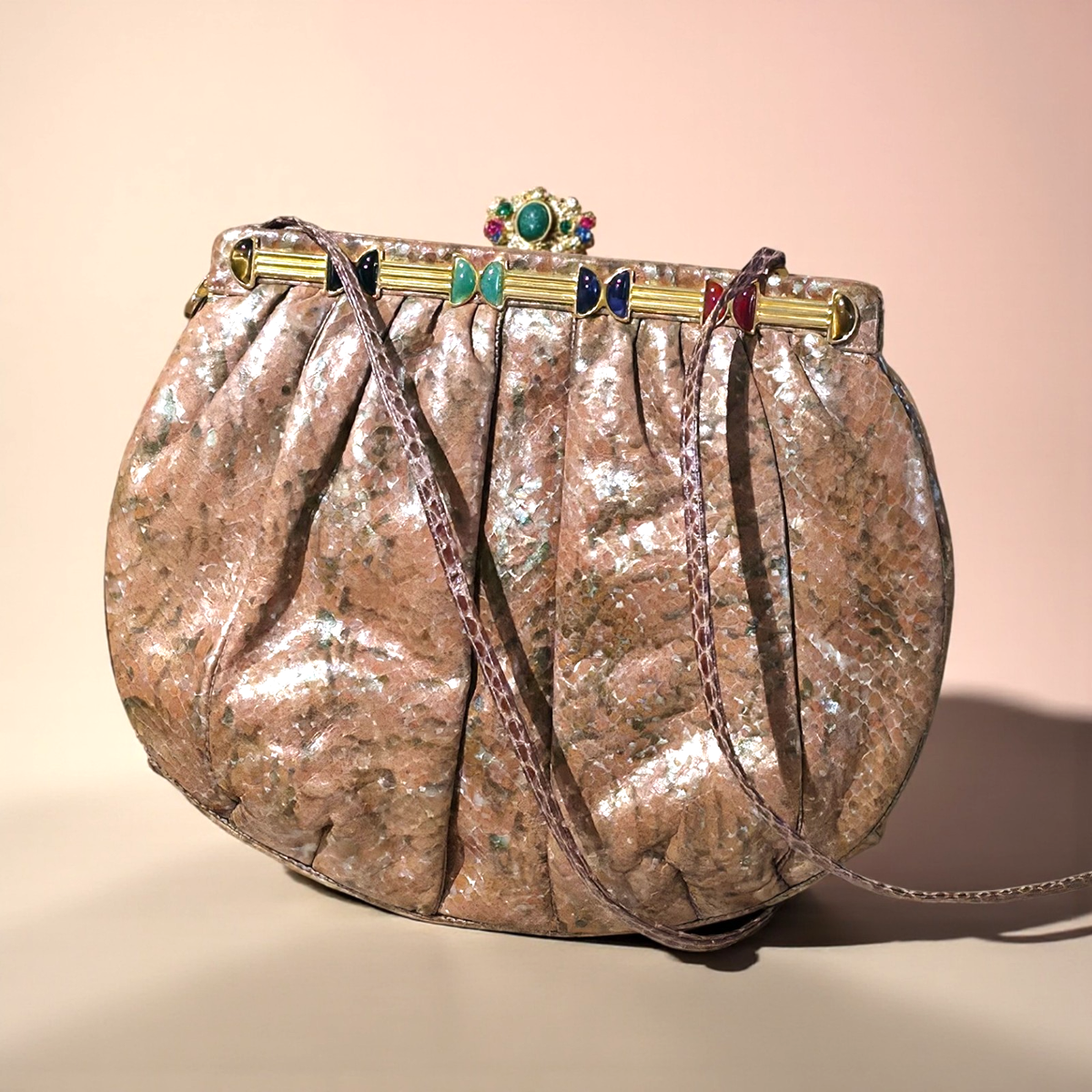 Judith Leiber Vintage Snakeskin Evening Bag Gold Frame Enamel