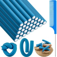 30 Flexible Curling Rods Foam Hair Rollers No Heat  Steel Rat Tail Comb - Blue