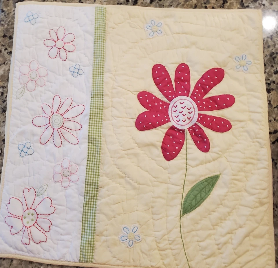 Pair of Pottery Barn Kids Daisy Garden Quilted 26"x26" Shams Yellow Pink Floral - Image 2 of 4