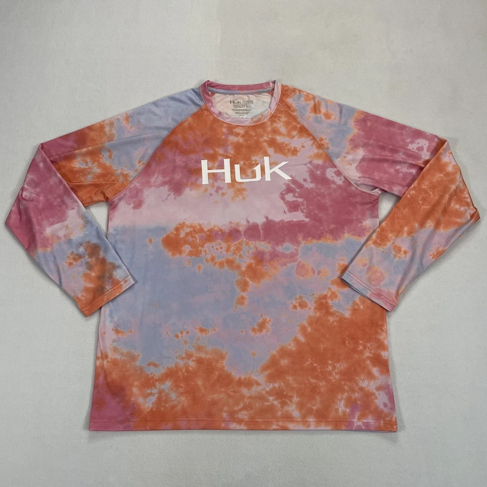 Camisa Huk Para Hombre Grande Tie Dye Naranja Púrpura Manga Larga Rendimiento de Pesca Foto 2 de 4