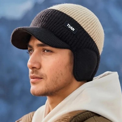 Winter Brim Hat with Ear Flaps Elastic Warm Beanie Ear Protection Knitted Cap US