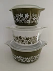 Pyrex 3 Pc Crazy Daisy Spring Blossom Green W / Lids 2.5/ 1.5 /1qt