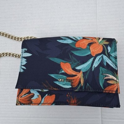 NWOT Nine West Purse Navy Blue Floral Handbag Chain Strap Crossbody Pocketbook
