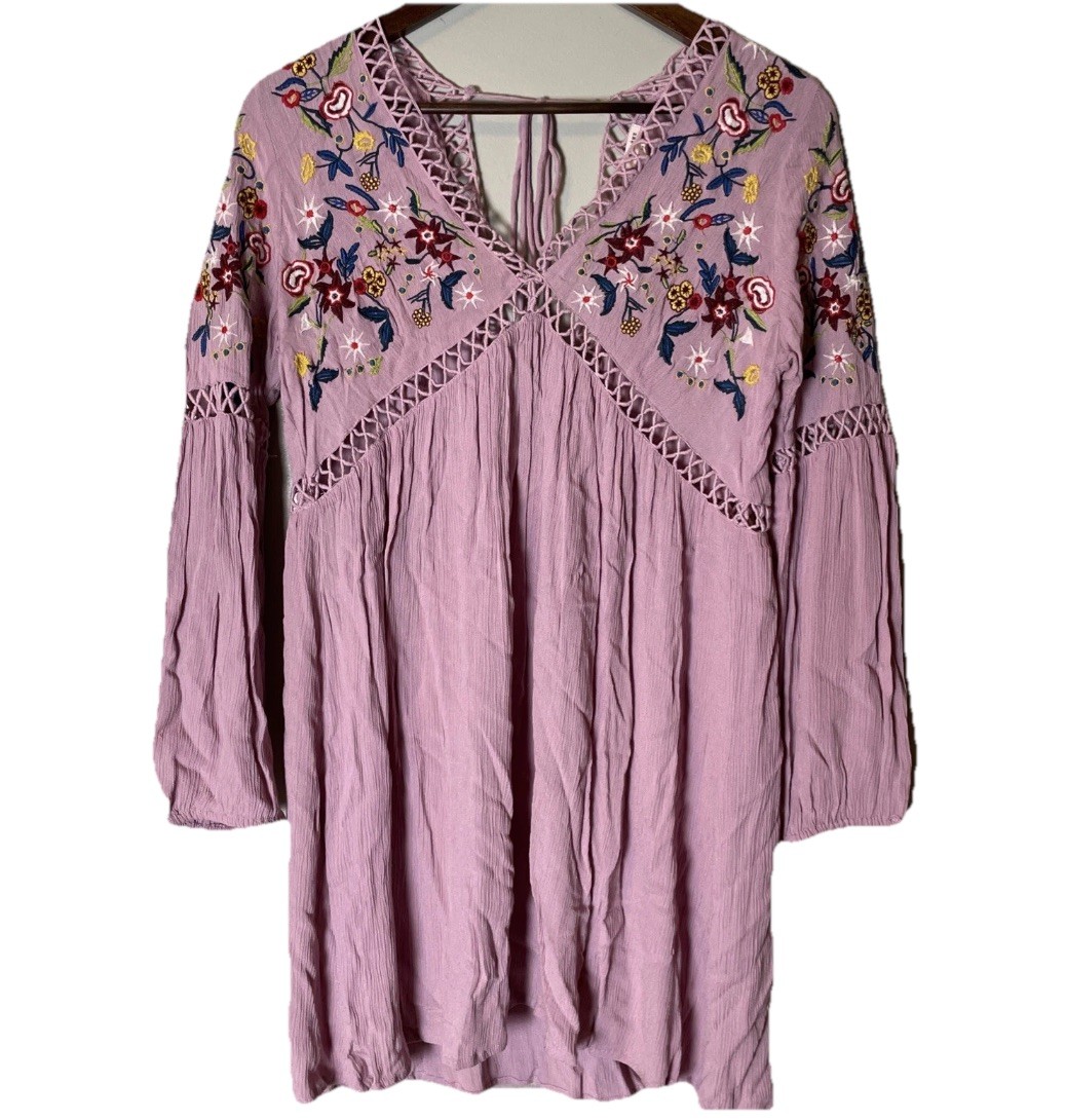 En Creme Top Dress Size Medium Pink Boho Gypsy Flowers Embroidered Long Sleeve