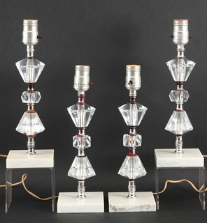 4 Vintage MCM Faceted Cut Crystal Candlestick Table Lamps w/ White Marble Bases