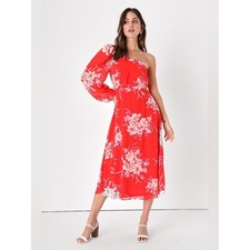 NEW Lulus Brunch Besties Red Floral One Shoulder Midi Graduation Wedding Dress