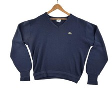 Vintage Izod Lacoste Sweater Mens Large Blue V Neck Knit Pullover USA Made 80s