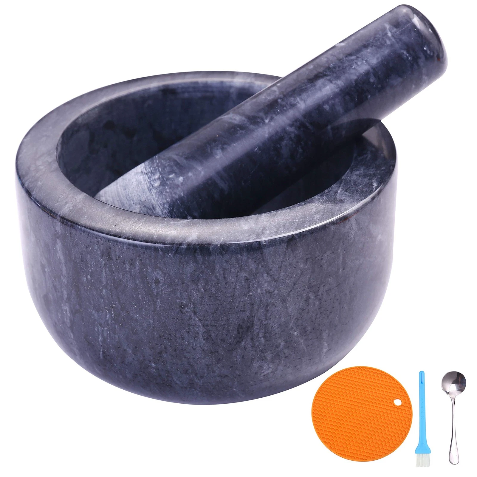 Mortar and Pestle Set Polished Natural Marble Guacamole Molcajete Bowl, 5.5in...