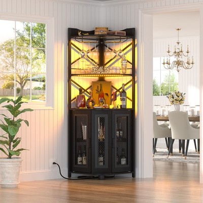 Corner Wine Bar Cabinet with Power Outlets and LED Lights and Wine Glass Holder