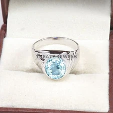 Aquamarine Oval Cut Gemstone With 925 Sterling Silver Ring For Men's #A762