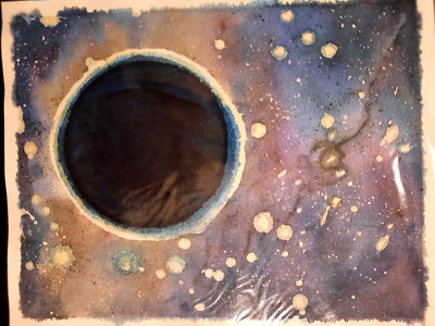 Watercolor Abstract Space Painting ''Eclipse'' Paul Eres. Stars Galaxy Nebula 8x10