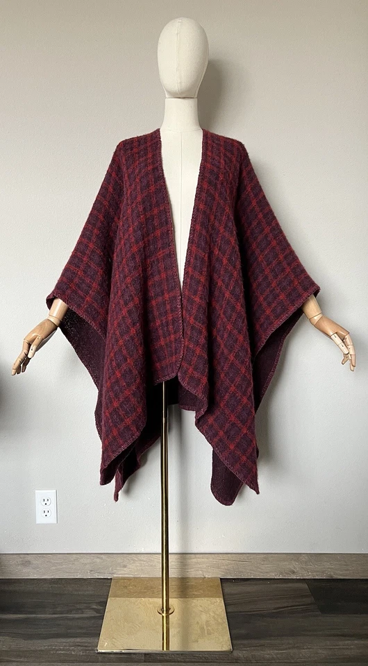 Boyne Valley Weavers Boiled Wool Blend Check Handcrafted in Ireland Poncho Red - Image 2 of 4