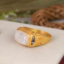 18k Gold Plated Cushion Cut Rainbow Moonstone With CZ Men's Ring Jewelry Gift
