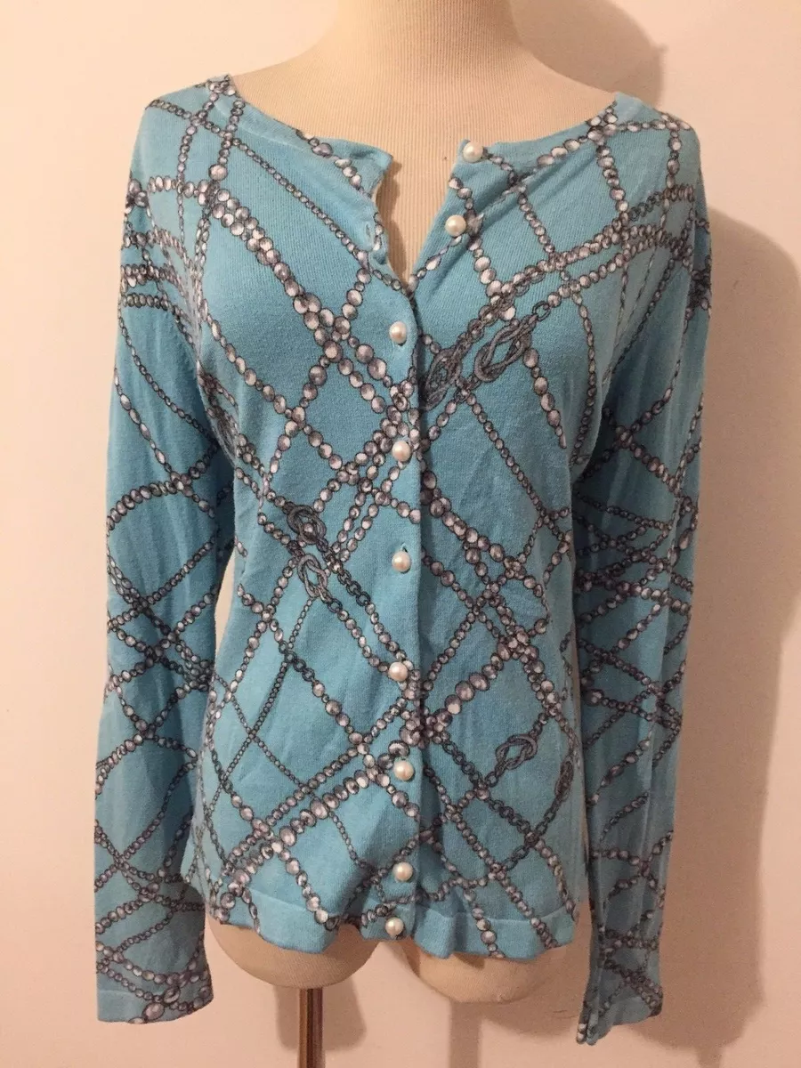 MACY S Charter Club Petite Cardigan Sweater Light Blue w Pearl Design Size PM