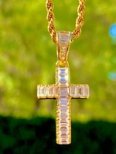 Baguette Cut Cross Pendant Necklace with Gold Finish Sparkling Statement Jewelry