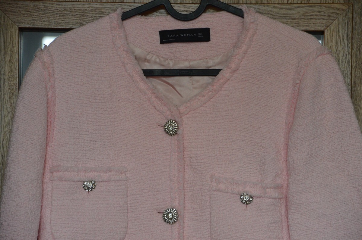 ZARA PINK TWEED BOUCLE FANTASY BLAZER JACKET GEM BUTTONS