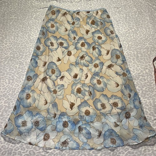 Y2k 90s Vintage Sheer Overlay Floral Midi Skirt Blue Low Rise Stretch Small - Picture 4 of 5