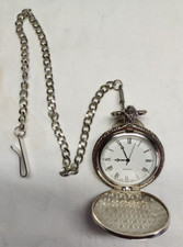 Open Face Quartz Pocket Watch 13" Chain Mechanical Analog Silverton Vtg. As Is