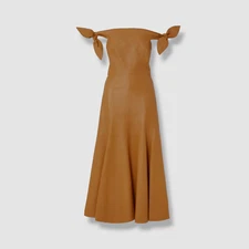 $5590 Gabriela Hearst Women's Brown Silk Leather Off-Shoulder Eda Dress Size M
