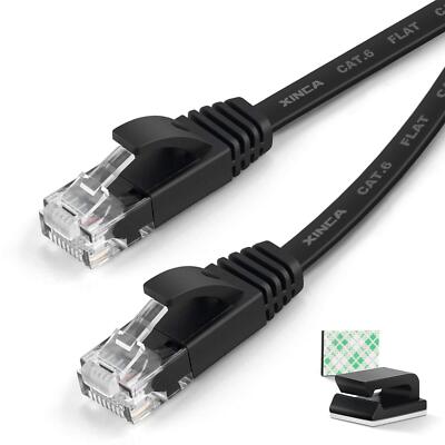 Cat6 Ethernet Cable 50 ft Black Gigabit Flat Network LAN Cable with 25 pcs Ca...
