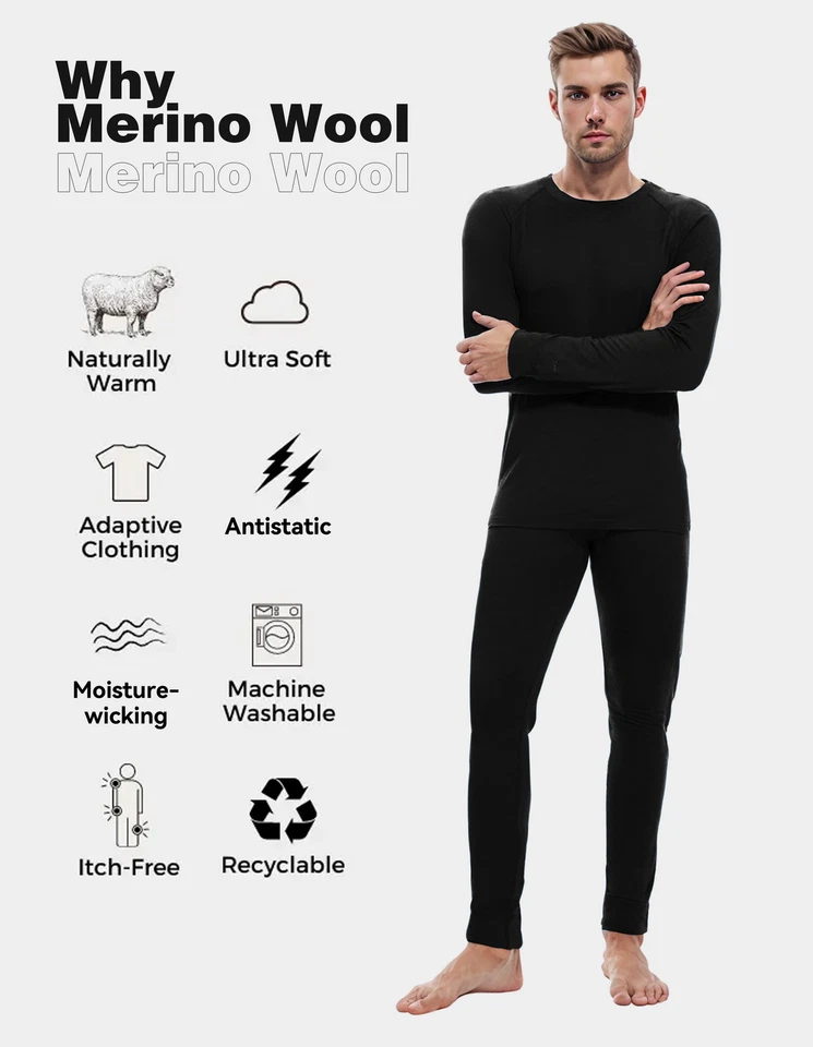 Mens 100% Merino Wool Base Layer Sets Long Johns Bottom UT Ski Thermal Underwear - Image 2 of 4