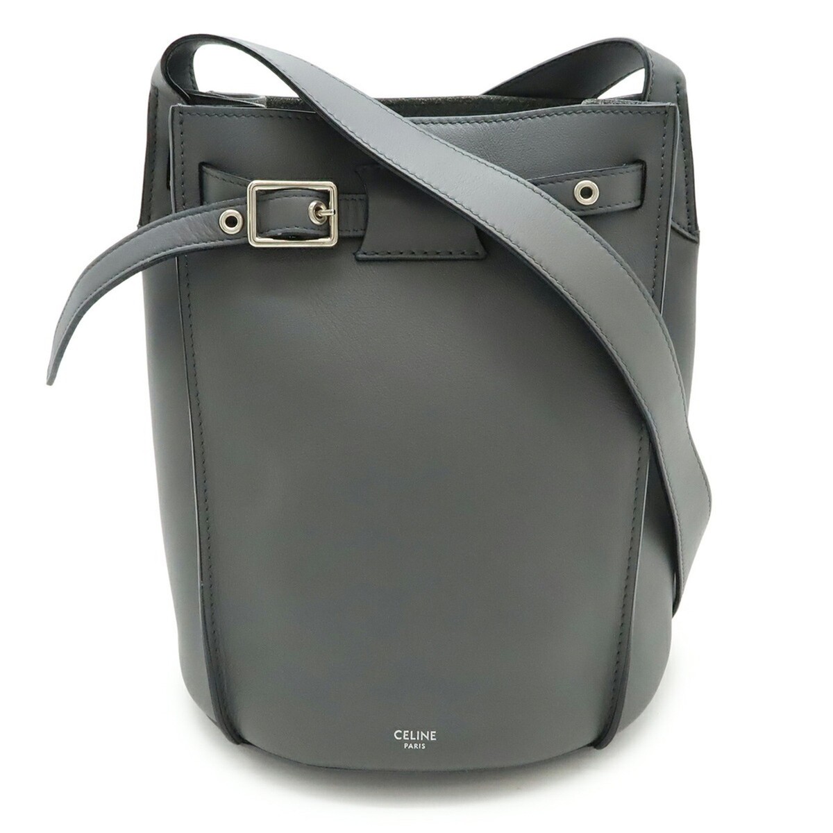 CELINE Big Bucket Shoulder Bag, Calfskin Leather, Gray, 183343