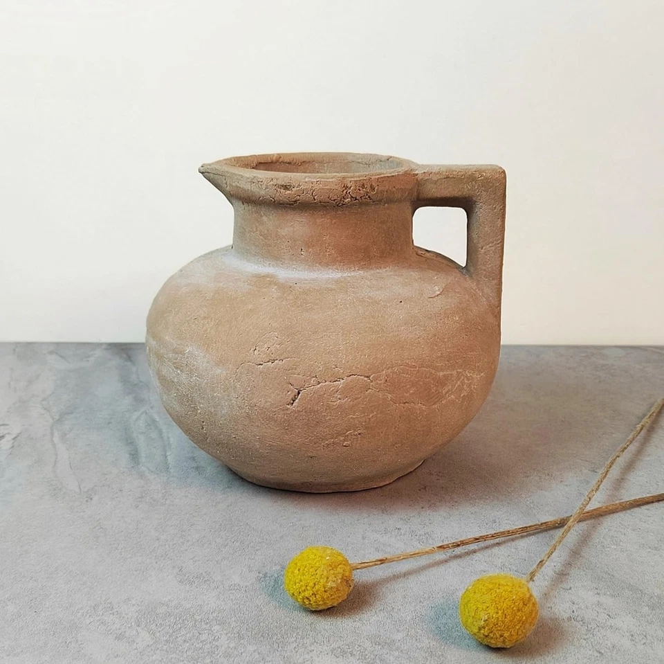 Rustic Weathered Ceramic Vase with Handle, Handcrafted Clay Jug, Vintage Dist... - Image 3 of 4