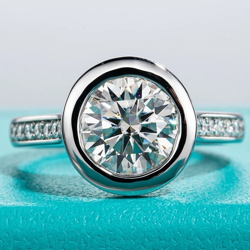 2.46 TCW Round Cut Moissanite Bezel Engagement Ring 14K White Gold Plated