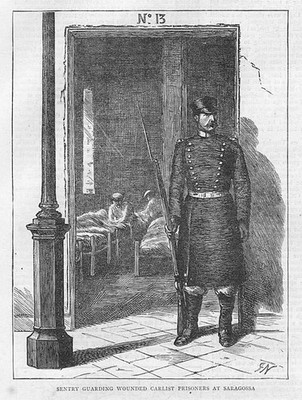 SPANIEN Wachwache Verwundete Carliste Gefangene in Saragosa - Antikdruck 1873