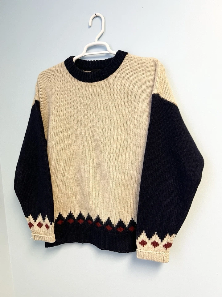 Vintage 90s Structure Shetland Wool Sweater XL Cream Navy Fair Isle Knit - Image 4 of 4