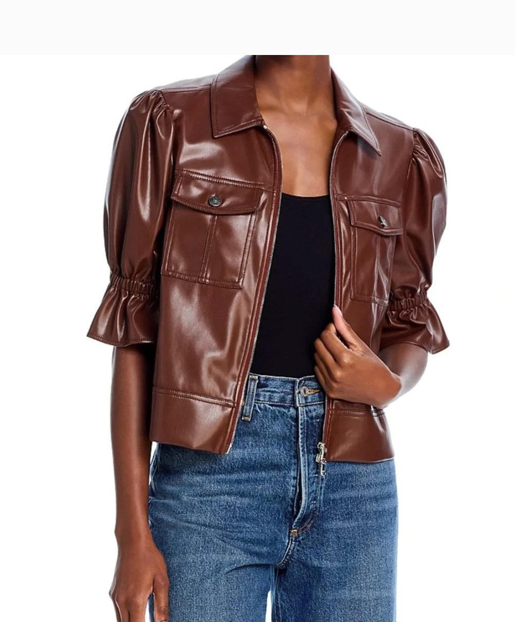 NWT Cinq à Sept Faux-Leather Brown Holly Puff Sleeve Designer Jacket, size L