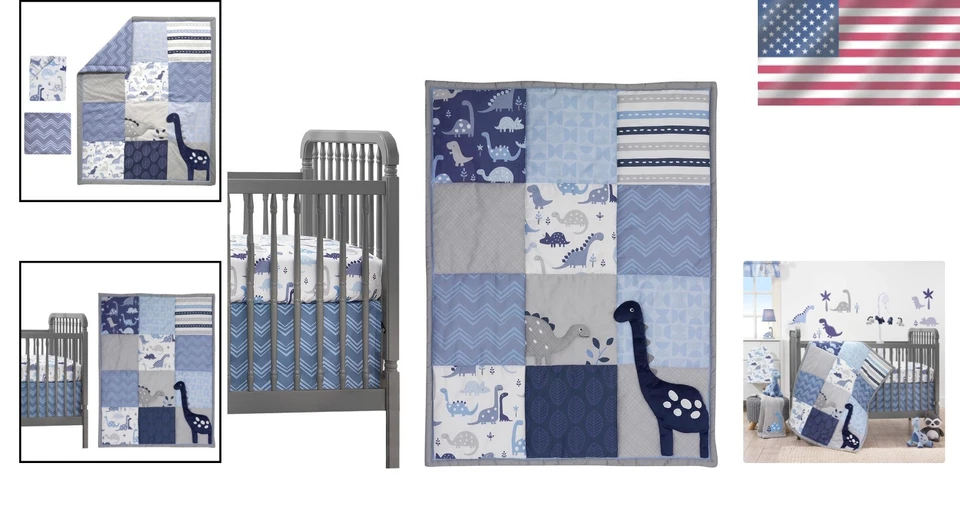 Juego de cama de cuna Roar Dinosaur de 3 piezas, azul/gris Foto 2 de 4