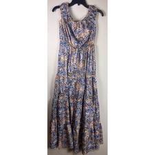 Blue Brown Boho Paisley Print Tiered Maxi Dress Women's Size M Off Shoulder