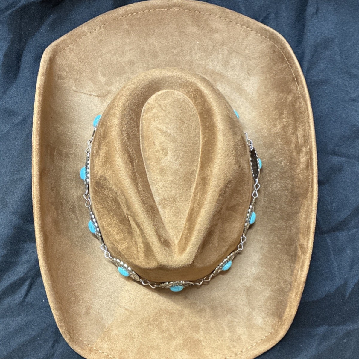 Brown Faux Suede Cowboy Hat Turquoise Beaded Strap Silver  display picture 2