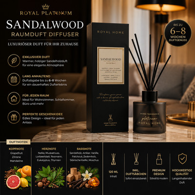 Royal Platinum Sandalwood Reed Diffuser 120ml Raumduft mit Duftstäbchen