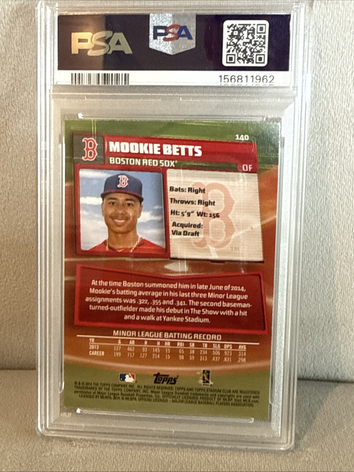 2014 Topps Stadium Club RC Rookie Mookie Betts #140 PSA Mint 9 Dodgers/Red Sox view 2