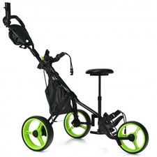 3 Wheels Folding Golf Push Cart with Seat Scoreboard and Adjustable Handle-Green