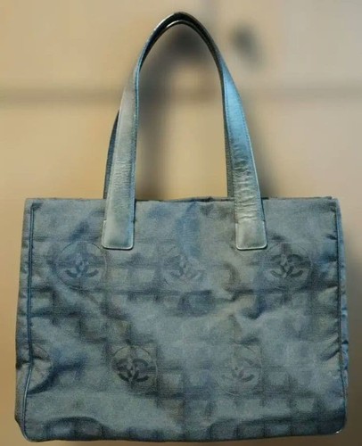 Chanel Travel Line Canvas Leather Tote Bag Black Embossed Flower Design Authent