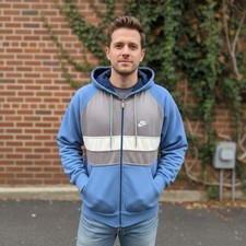 Vintage Nike Full Zip Hoodie Gray Blue Colorblock Raglan L Mens Sweatshirt