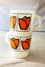 2 Vintage Fire-King Orange Tulip Milk Glass Coffee Tea Mugs Pop Floral 60'- 70's