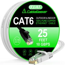 Cat 6 Ethernet Cable 25 Ft, Indoor&Outdoor, High Speed 10Gbps Flat Internet Netw