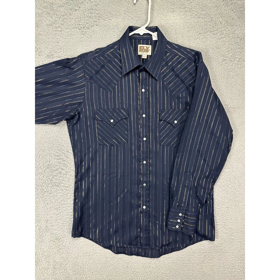 Camisa Elly Cattleman Para Hombres Mediana 15.5-33 Azul Marino Vestido Vaquero Occidental Perla A Presión Foto 3 de 4